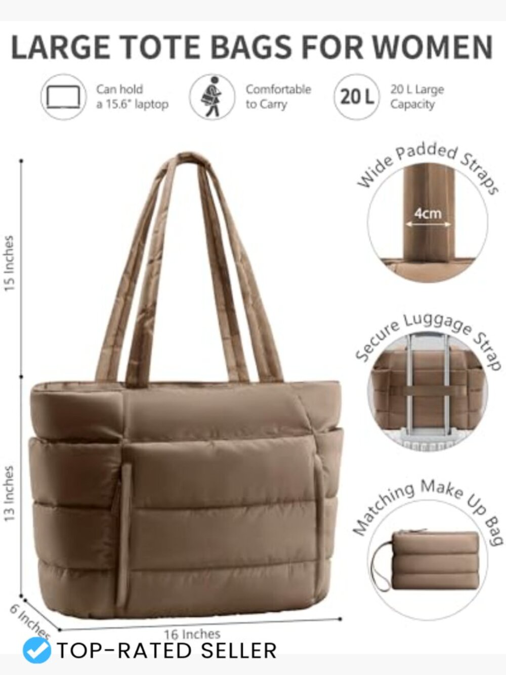 Puffer Tote Bag Lightweight Quilted Shoulder Bag Work Handbag Nurse Teacher - Picture 3 of 7